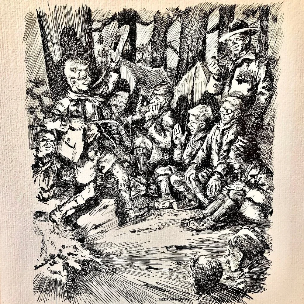 Vintage 1968 Lyle Galloway Pen & Ink Print Boy Scout Good Turn Days